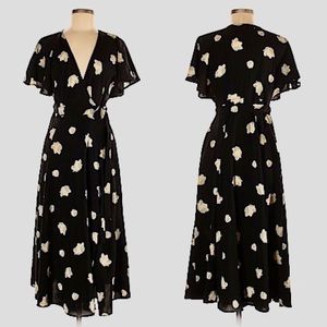 Black & Beige Floral Maxi Wrap Dress